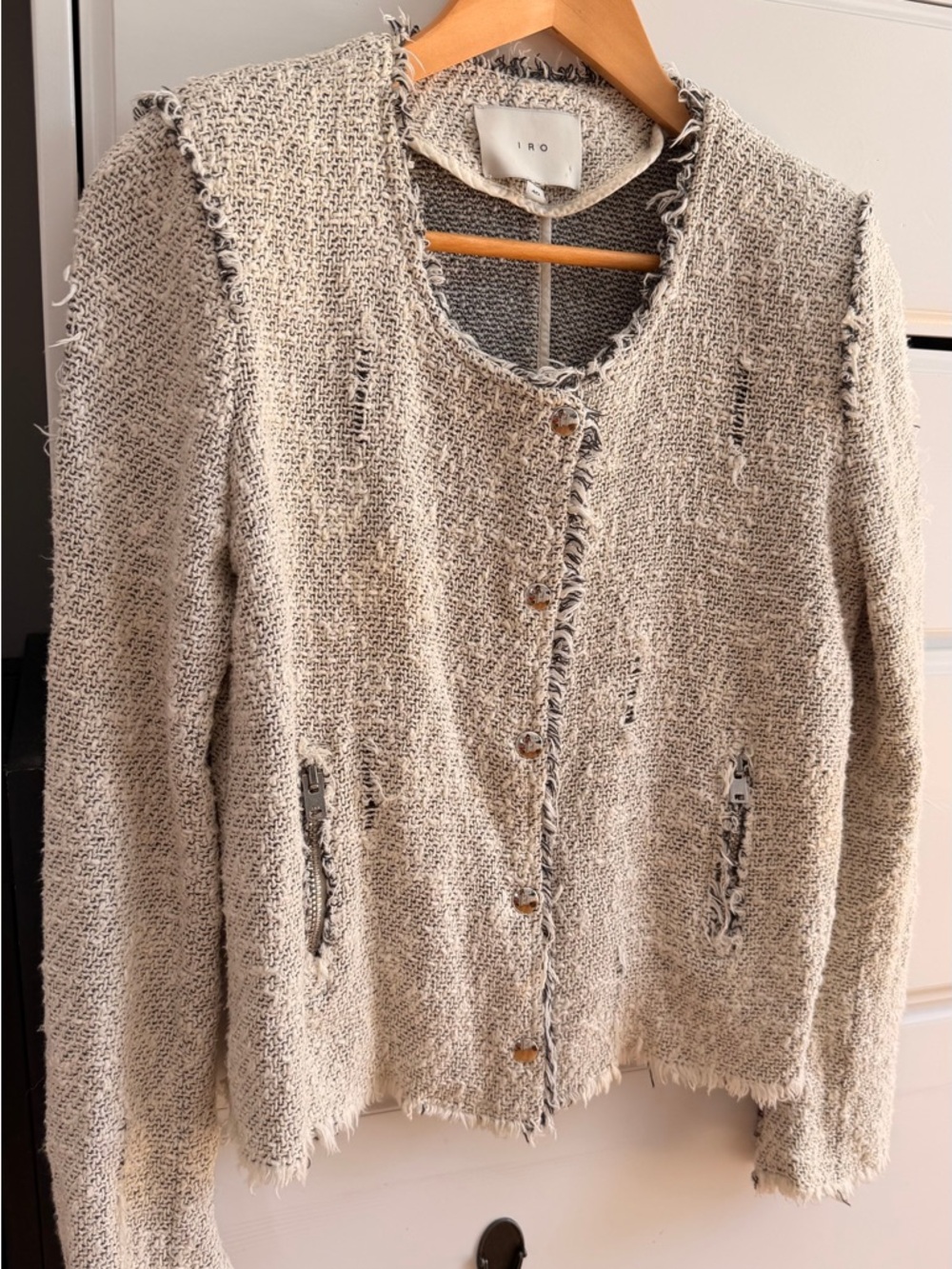 IRO Frayed Edge Knit Cardigan in Beige and Black Tweed